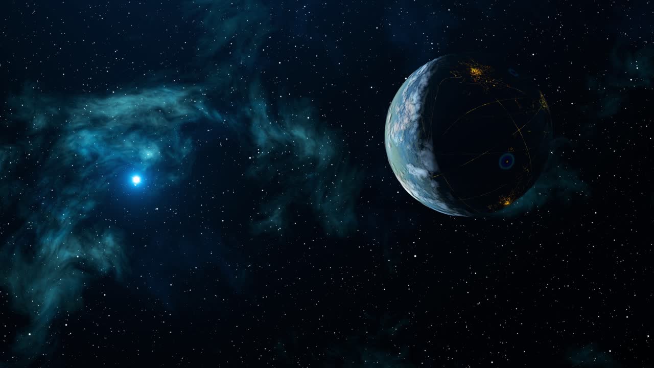 un solo planeta en una galaxia distante con una estrella brillante y una nebulosa detrás de él