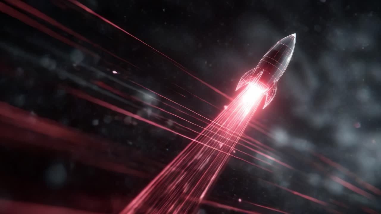 Stylized digital rocket launching into the dark cosmos, leaving a trail of red light streaks and particles, symbolizing technological progress, innovation, business startup and future exploration