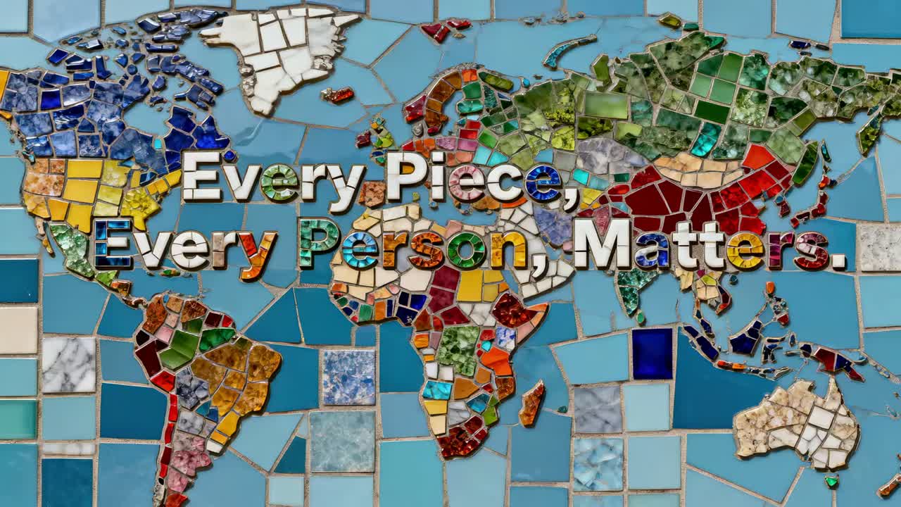 Animating mosaic world map, change causing text filling tiles on light blue field, showing slogan