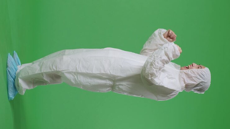 Full Body Side View Of Asian Male Scientist Celebrating The Succeed While Standing On Green Screen Background