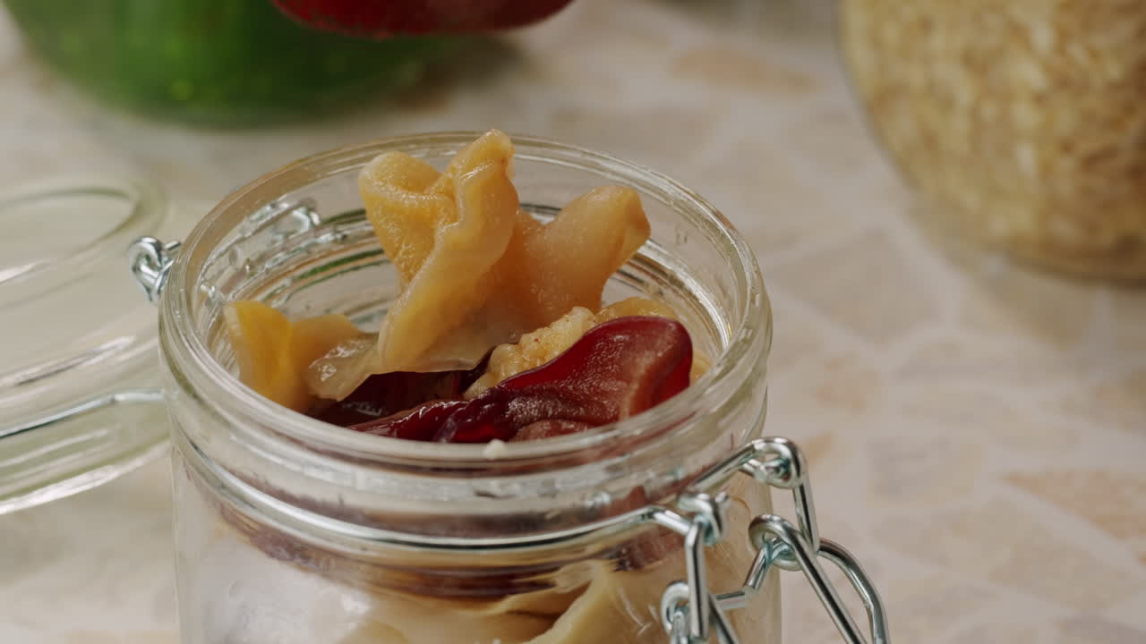 Preservation of vegetables in banks. Fermentation products. Harvesting mushrooms for the winter. Copy space. High quality 4k footage