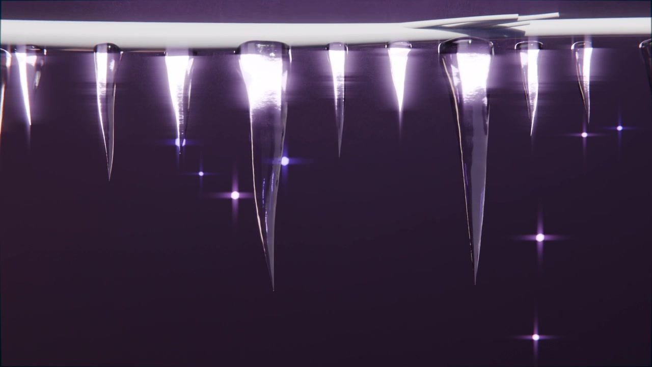 Shifting light revealing row of clear icicles growing in closeup on white rod with purple glints
