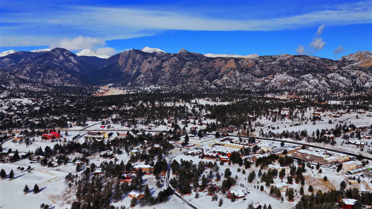Sneklædt bjergby Estes Park i Rocky Mountains Nationalpark, med Lumpy Ridge, Twin Owls klippeformation, Mummy Range, Colorado. Luftfoto/dronebillede af landskabet om eftermiddagen ved solnedgang med frisk sne, skyer, blå himmel og solskin.