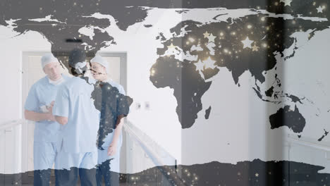 animation of shooting star and world map over diverse surgeons in hospital