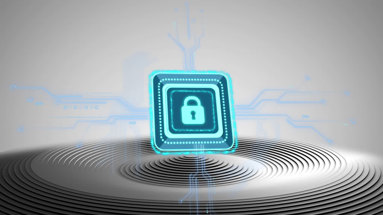 Animation of padlock icon with data network over black and grey concentric rings and grey background