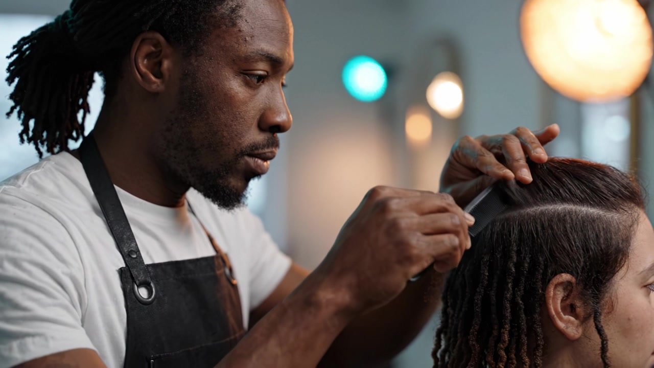 Parrucchiere esperto che perfeziona un look moderno con tecniche di precisione in un elegante salone, concentrato sulla trasformazione dei capelli del cliente e sulle scelte di stile.