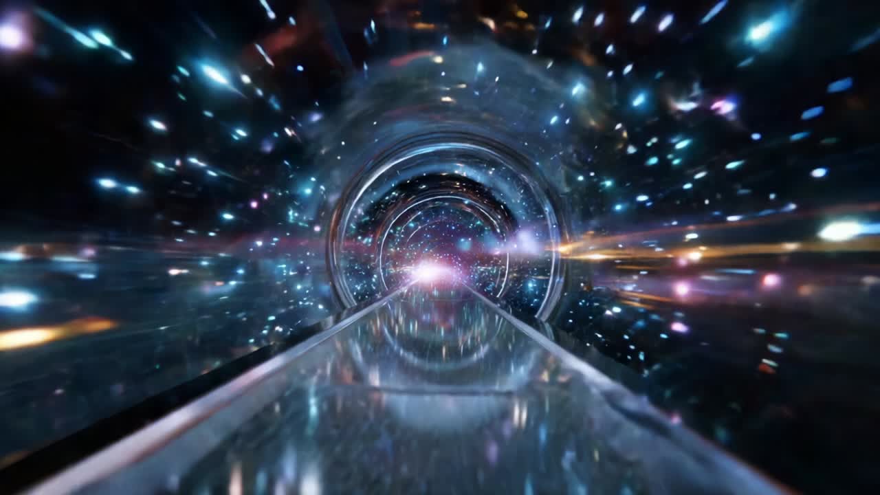A mesmerizing journey through a cosmic tunnel of vibrant colors and lights, evoking feelings of exploration and wonder as you move deeper into the infinite expanse of the universe
