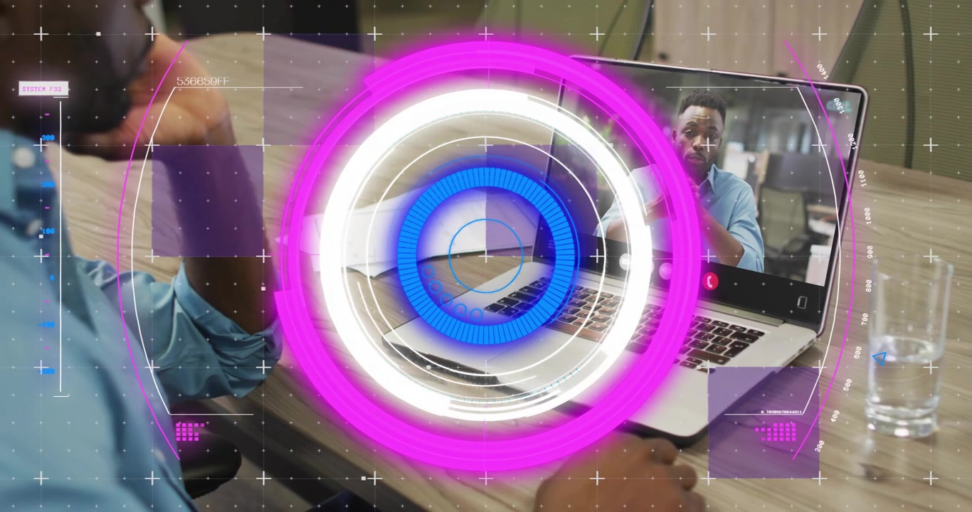 Man leaning and tapping laptop after remote gesturing during business call, HUD pulsing over laptop