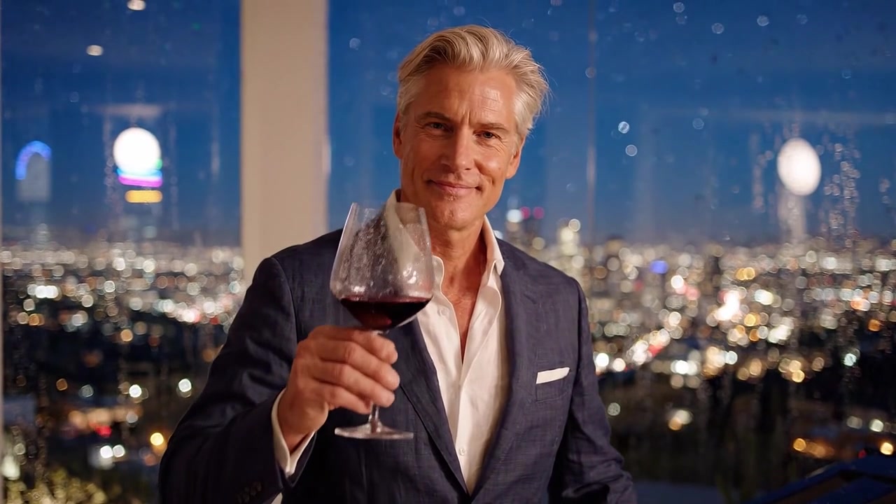 Eleganza serale sofisticata: un uomo carismatico che si gode lo skyline della città con un bicchiere di vino e un pianoforte a coda in un elegante appartamento moderno.