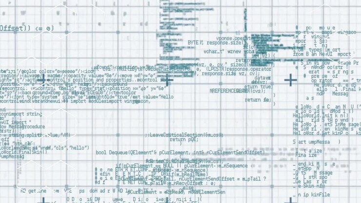Animation of shapes and data processing on white background