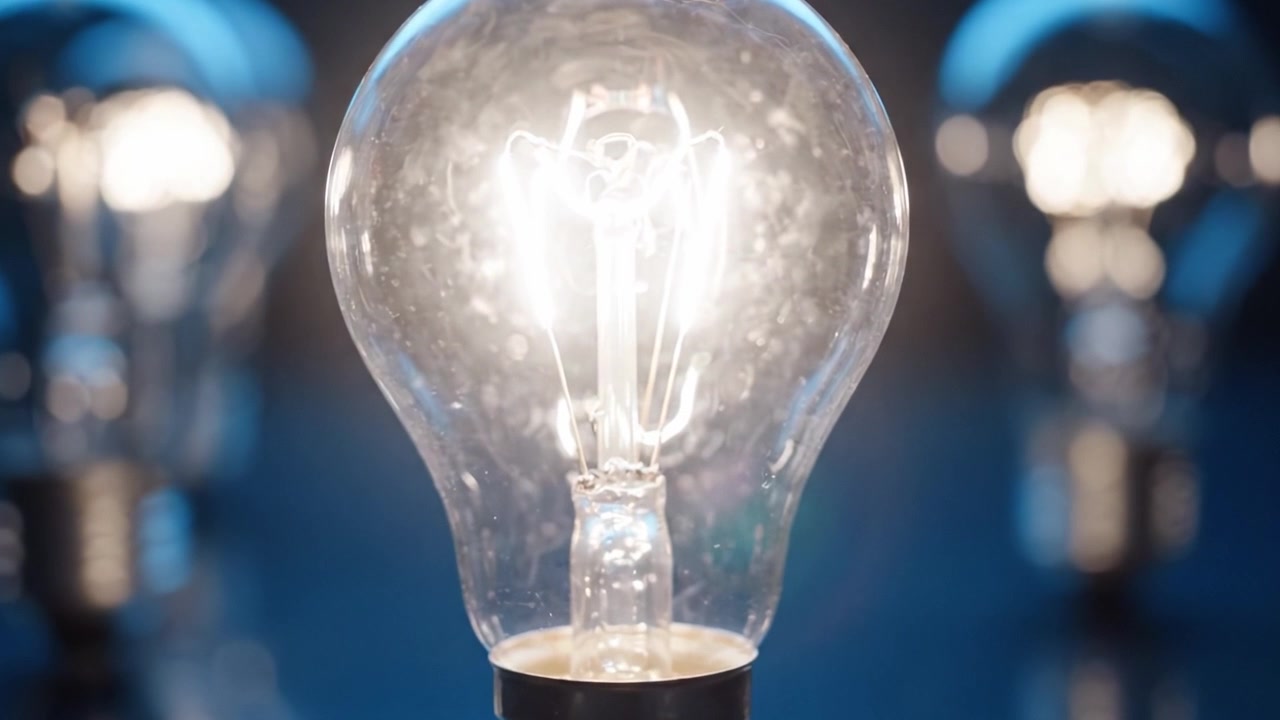 Illuminazione brillante: Primo piano di una lampadina luminosa circondata da luci più fioche, che evidenzia innovazione e idee in un ambiente oscurato.