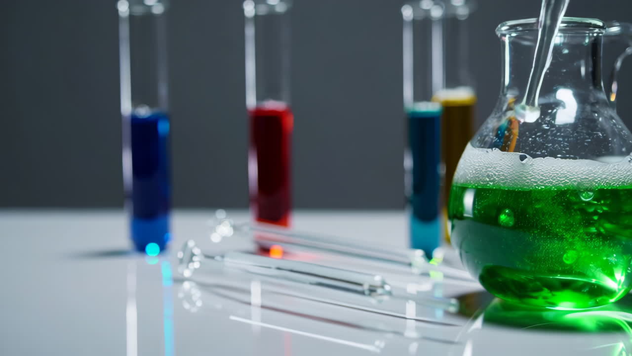 Colorful liquids in laboratory glassware