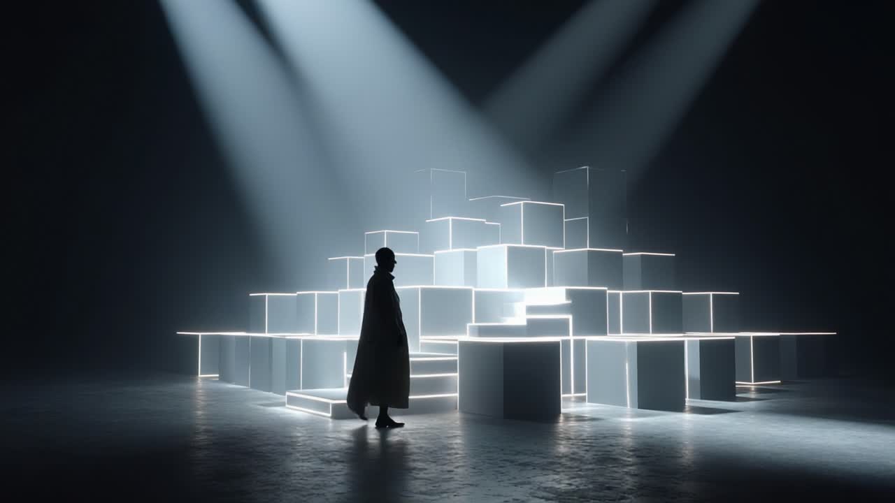 A solitary figure walks through a captivating illuminated structure, showcasing dynamic light patterns and abstract shapes in a dramatic stage setting, creating an atmosphere of intrigue and mystery