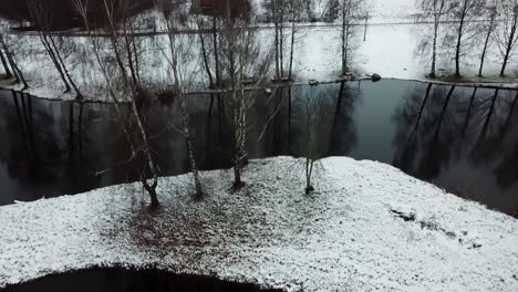 vista de pájaro del estanque tranquilo en el parque durante el invierno, movimiento de pedestal