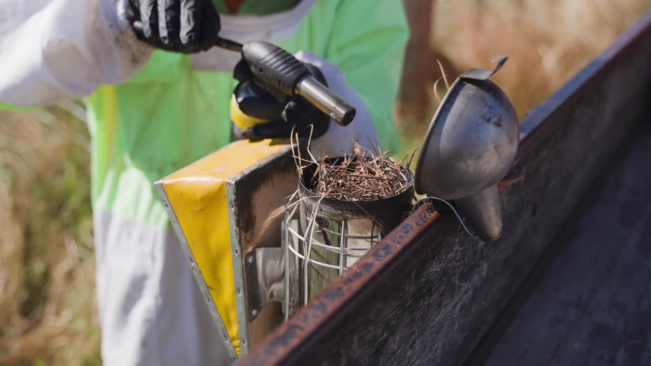 Beekeeper igniting wood twigs vegetation in bee smoker using kitchen burner