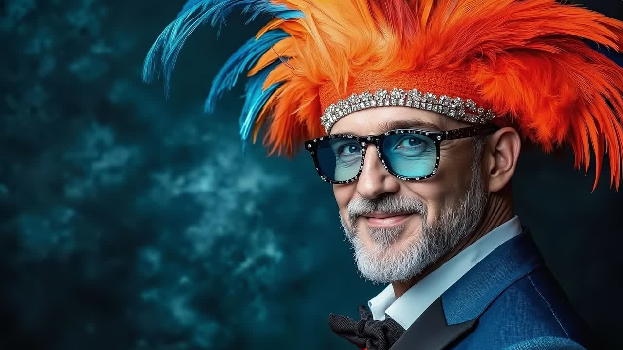 A man in a suit and sunglasses with a colorful mohawk on his head