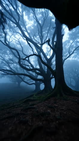 misty enchanted forest with gnarled trees and mossy roots
