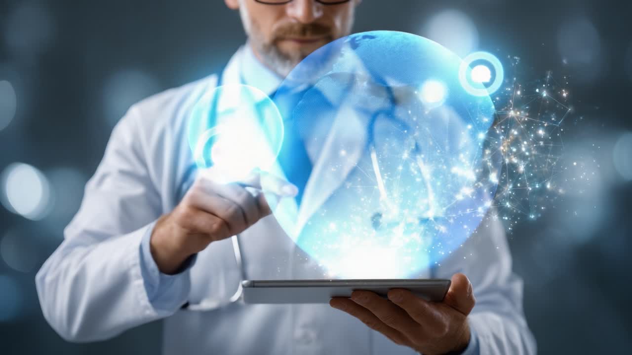 Um Profissional de Saúde Utilizando Tecnologia e Visualização de Dados em um Tablet: Conectando Inovações na Saúde com Soluções Digitais