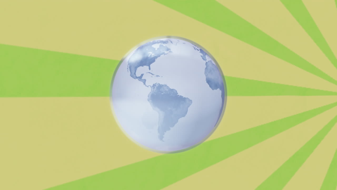 녹색 배경에 대한 원활한 패턴으로 방사선에 대항하여 회전하는 지구의 애니메이션