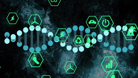 dna strand with eco-friendly icons animation over dark abstract background