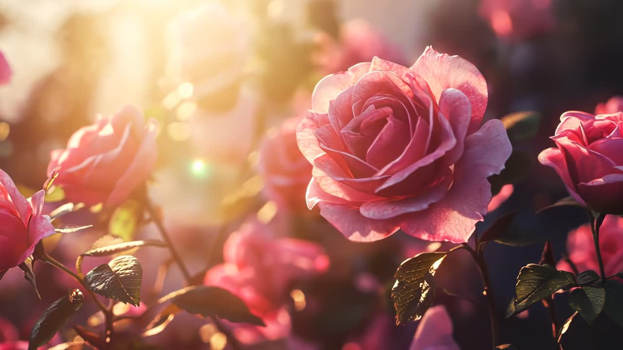 Close-up video of blooming pink roses in soft sunlight, captured at a low angle, creating a dreamy