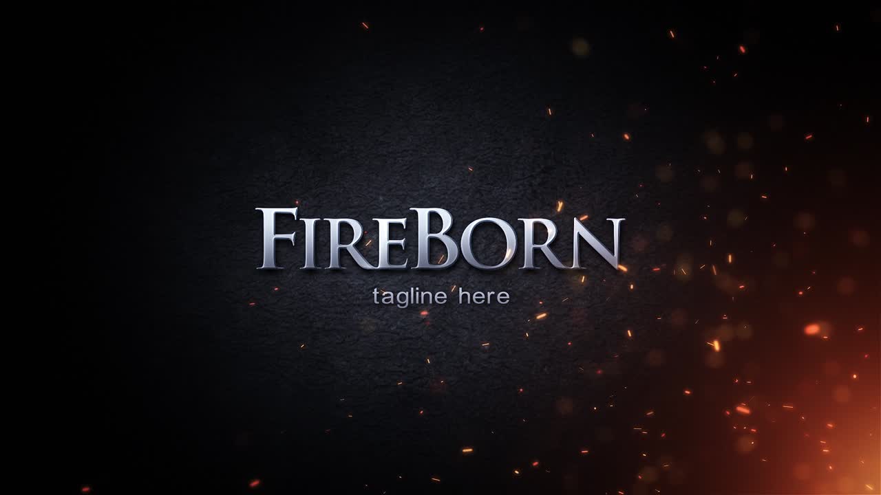 Rivelazione di testo cinematografica con effetto fuoco e braci volanti.