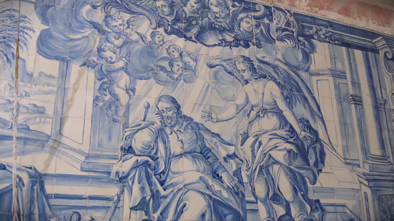 azulejo painting of the dream of saint joseph and archangel gabriel wide angle slow motion