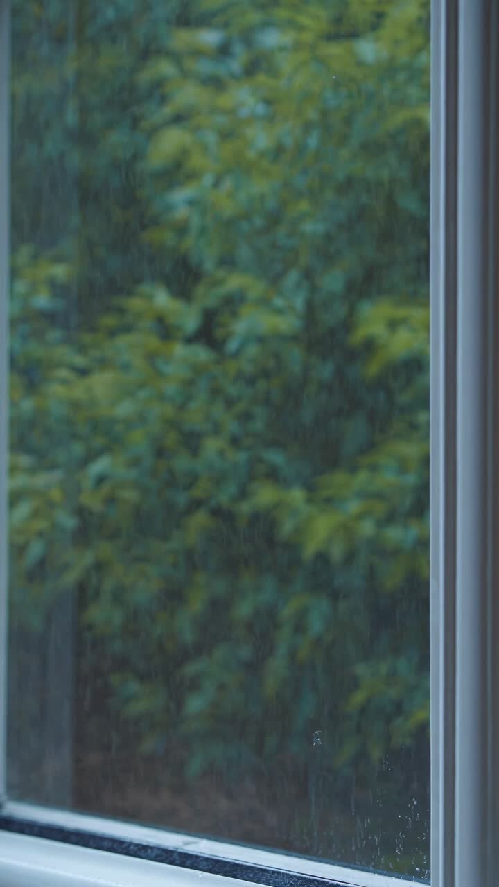 Video captures a serene view through a window with rain softly falling, focusing on lush greenery