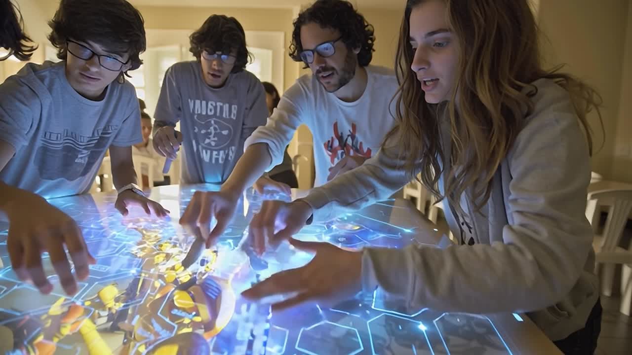 Grupo de amigos disfrutando de una actividad de juego de mesa interactiva en interiores.