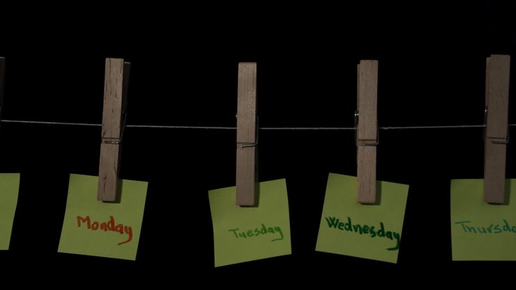 Days of the week in yellow sticker labels hanging on wooden sticks with black background
