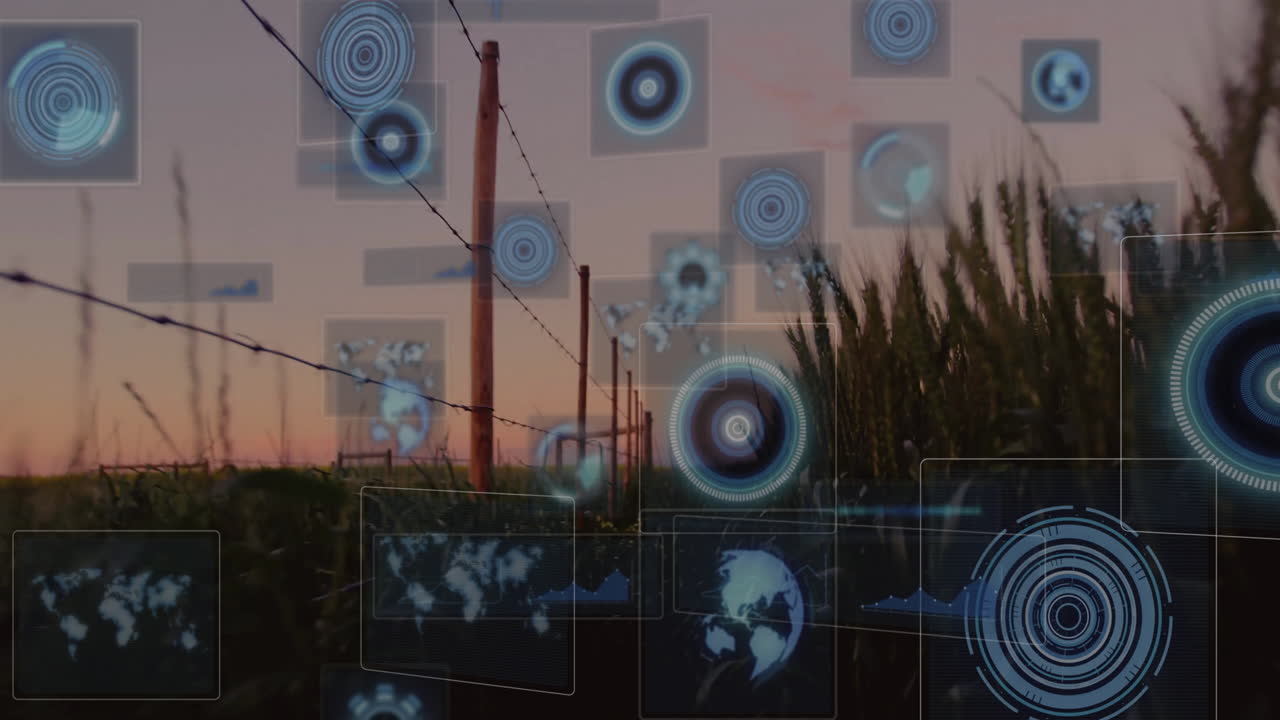 Digital data processing animation over agricultural field with barbed wire fence