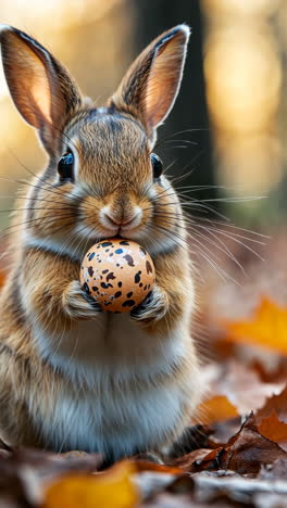 cute rabbit holding a speckled egg among autumn leaves