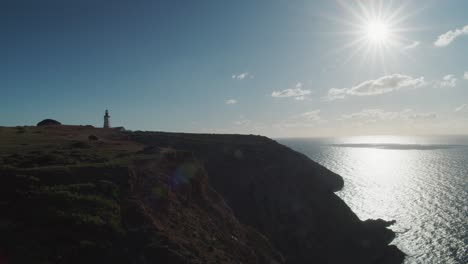 Cabo-Espichel-Lighthouse-on-reef-or-cliff-in-Portugal,-sunny-day-static-copyspace-view