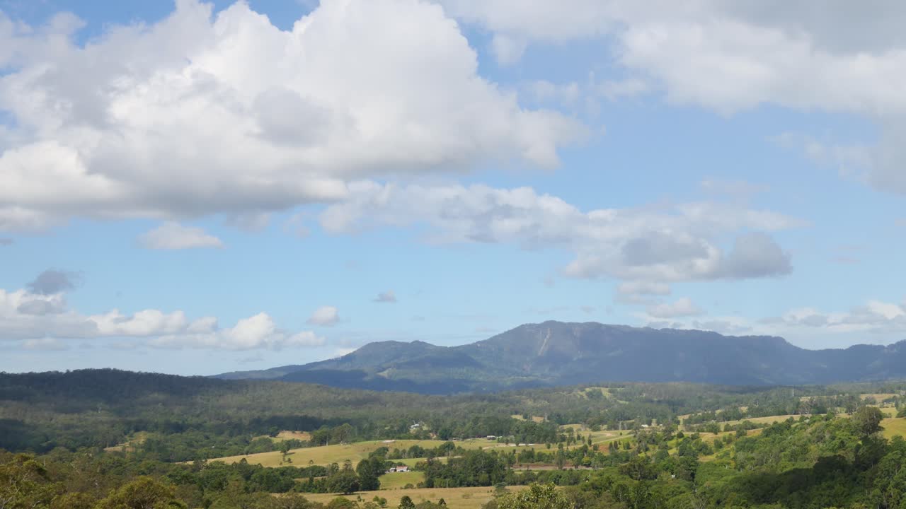 Time-lapse of clouds moving over a mountainous landscape