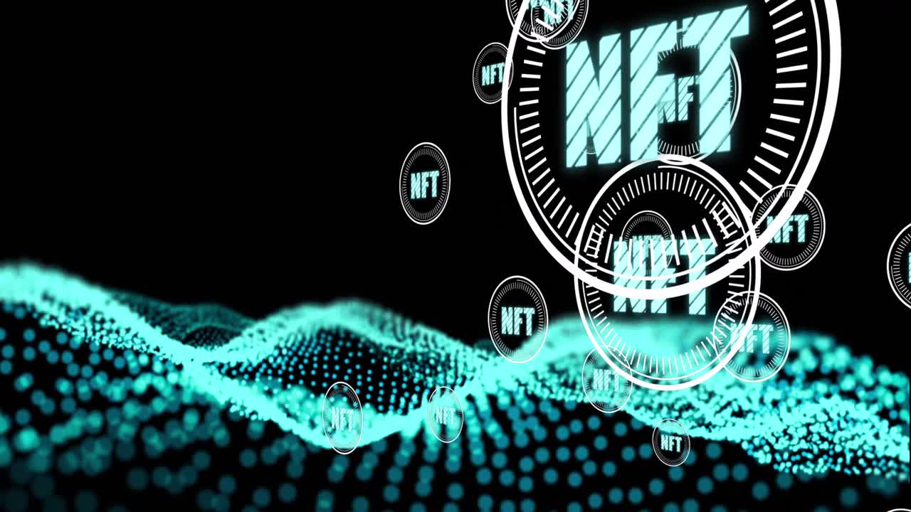 texto nft en múltiples escáneres redondos flotando contra la onda digital verde en fondo negro