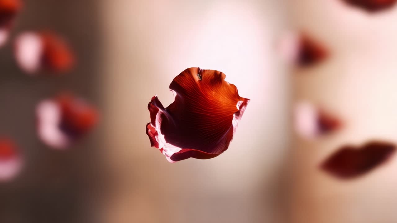 Pétalas de rosa flutuantes em movimento: visual cativante da beleza e elegância floral íntima enquanto elas flutuam por um plano de fundo suavemente desfocado de cor e luz