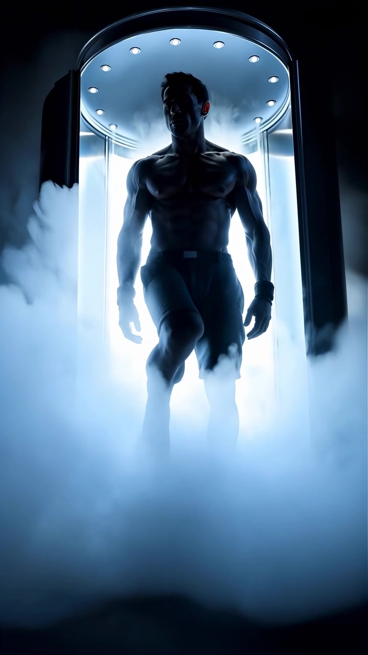 Figura scura in silhouette avanza attraverso la nebbia illuminata all'interno di una porta, mentre una luce fredda delinea la forma del corpo, con atmosfera fumosa, inquadratura verticale, ombre profonde e forte contrasto nella scena.