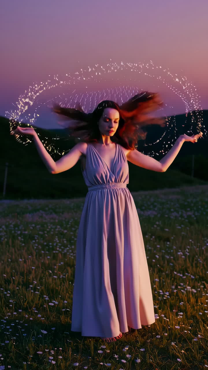 Женщина в поле при заходе солнца