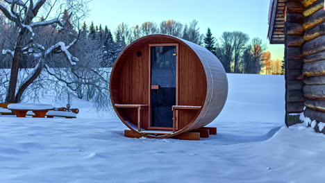 Sunrise-or-sunset-barrel-sauna-time-lapse-in-snowy-winter-chalet