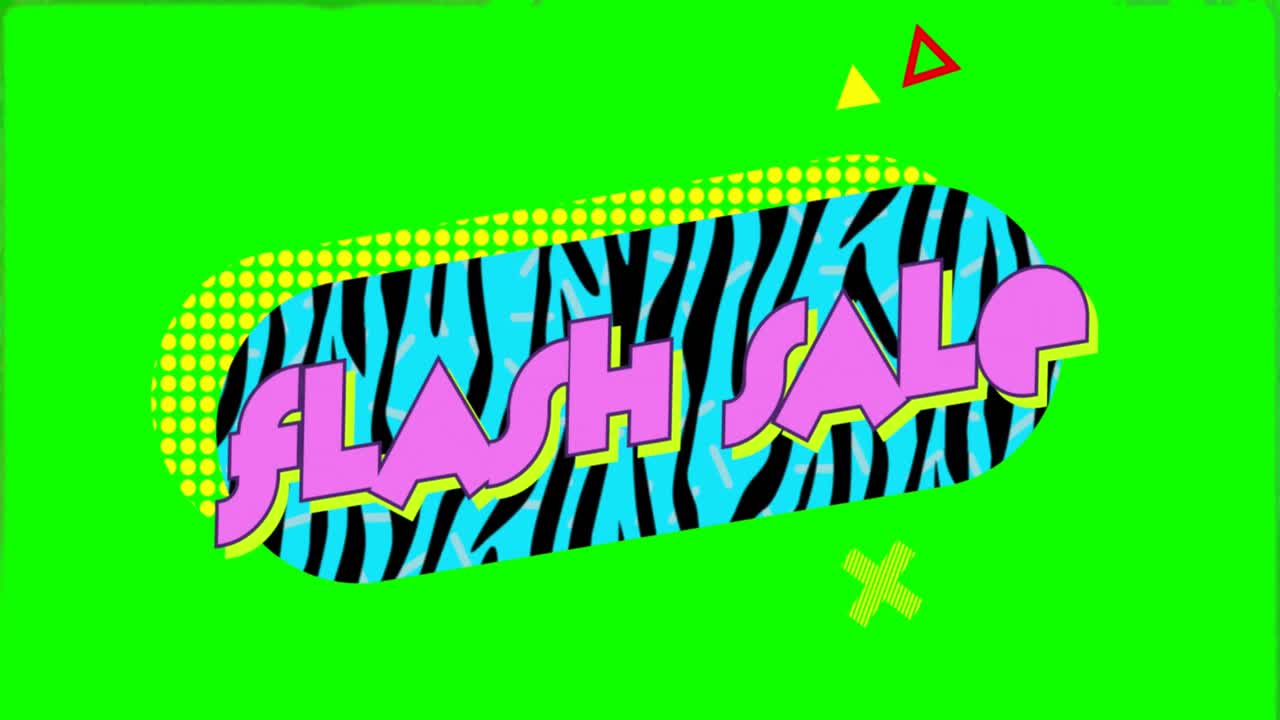 animación del texto de venta flash sobre un fondo de patrón vibrante retro