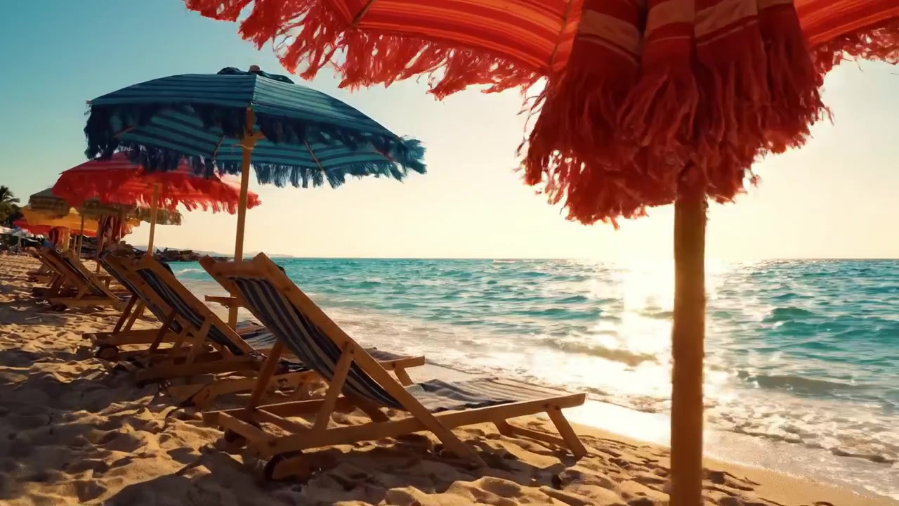 Una serena fuga costiera con ombrelloni colorati e conchiglie infinite su una spiaggia di sabbia dorata al tramonto, catturando l'essenza del relax e della tranquillità.