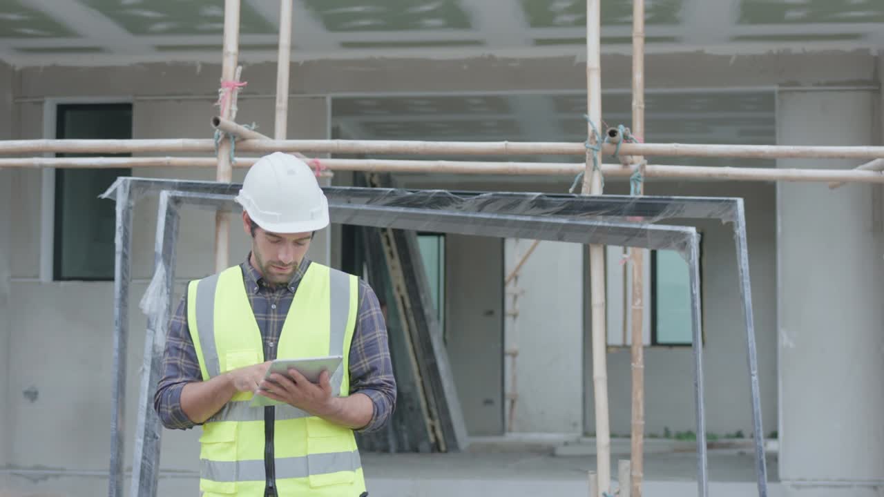 ingeniero civil profesional masculino o arquitecto usa casco de seguridad. mientras el ingeniero, inspector caminando usa tecnología de tableta para el proyecto de construcción de lista de comprobación en el sitio de construcción. concepto de bienes raíces.
