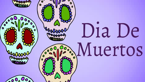 animación de dia de los muertos sobre calaveras decorativas en fondo púrpura