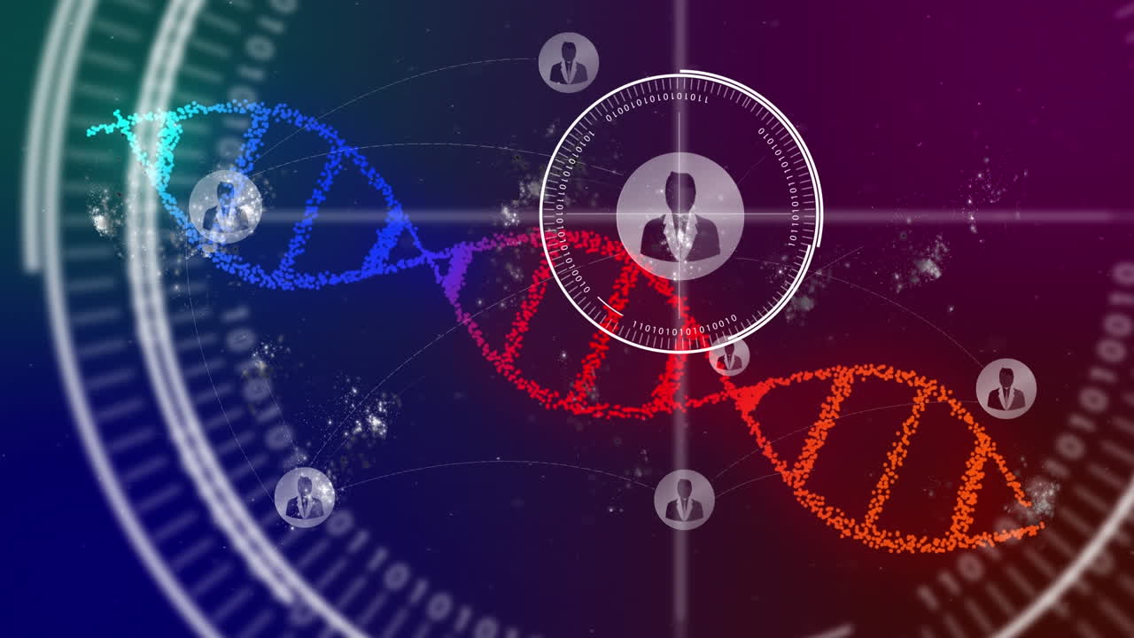 검은 바탕에 있는 dna 가닥 위에 아이콘으로 연결된 네트워크의 애니메이션