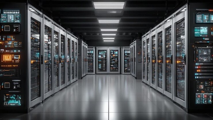 A High-Tech Server Room Featuring Rows of Data Storage Cabinets with Intricate Lighting and Display Panels, Showcasing the Advanced Infrastructure of Modern Computing Facilities