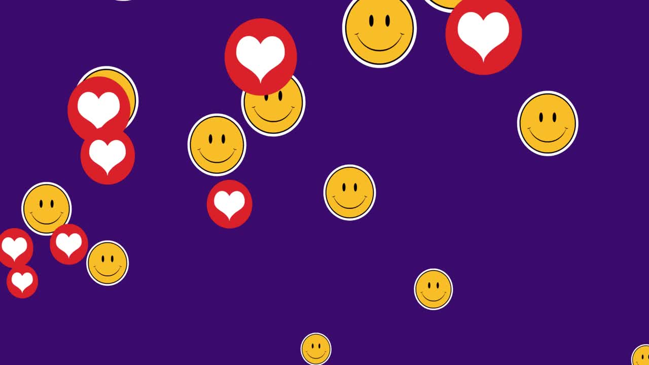 Animation of emoji and heart icons on blue background