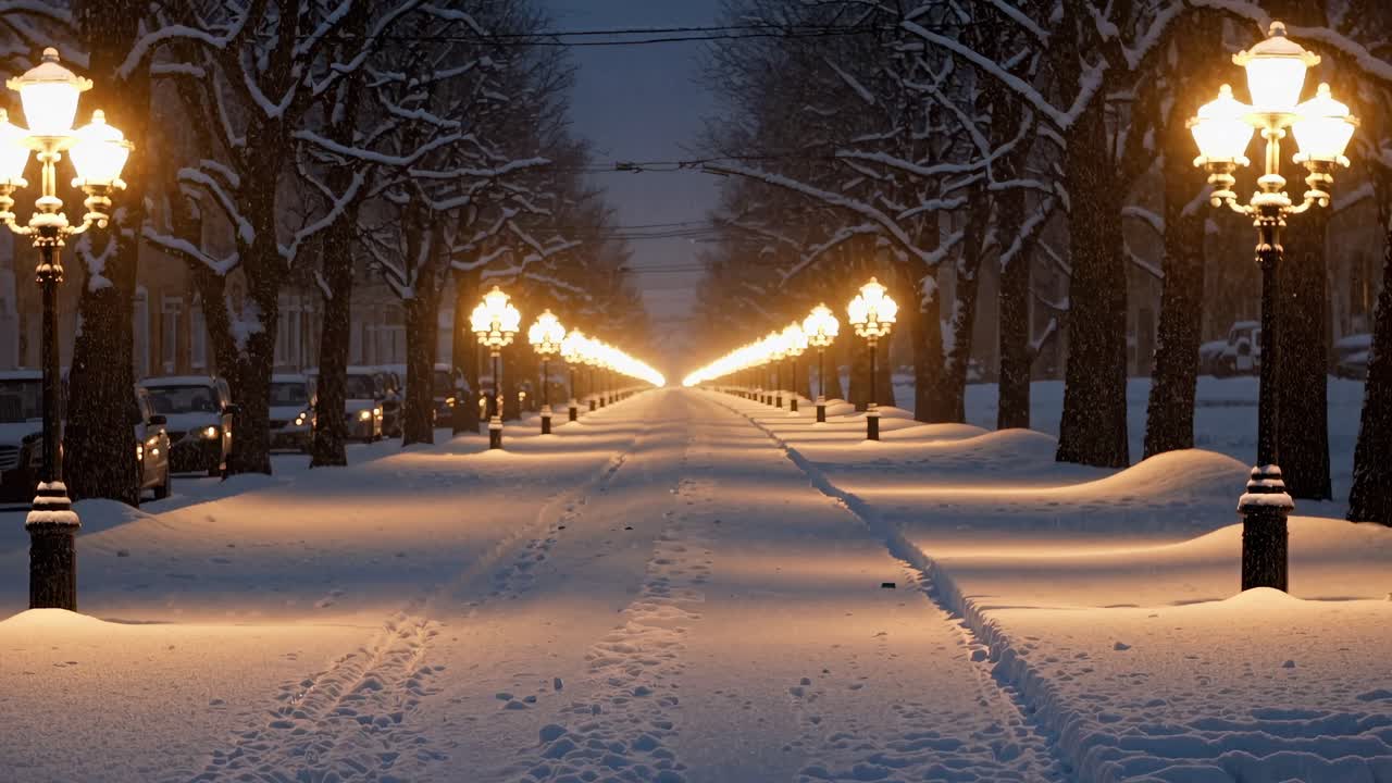 A serene winter street lined with glowing lamps, captured from a low angle, creating a cinematic