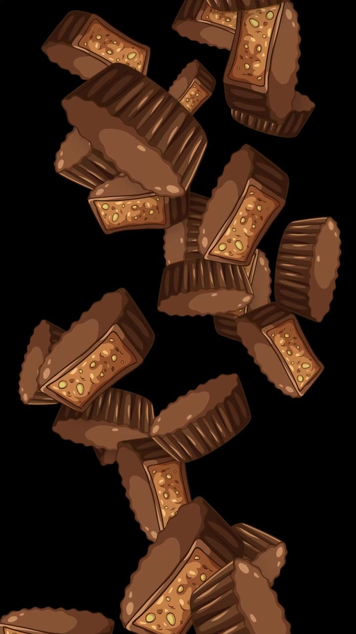 Cioccolatini assortiti e coppette al burro d'arachidi cadono su uno sfondo nero con orientamento verticale