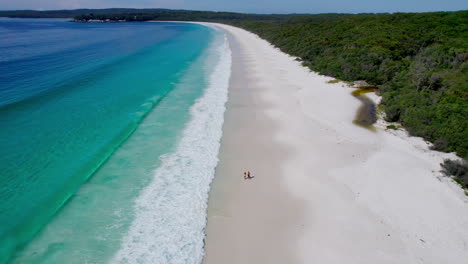 aerial drone flyover of hyams beach in new south wales, showcasing its famous white sand and crystal-clear waters. a breathtaking coastal scene ideal for travel and nature footage.