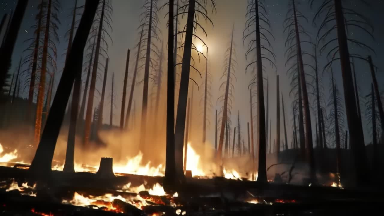 A Haunting Landscape: Glowing Embers and Shadows Cast by a Devastating Forest Fire Under a Moonlit Sky Illuminating Burnt Trees and Smoke